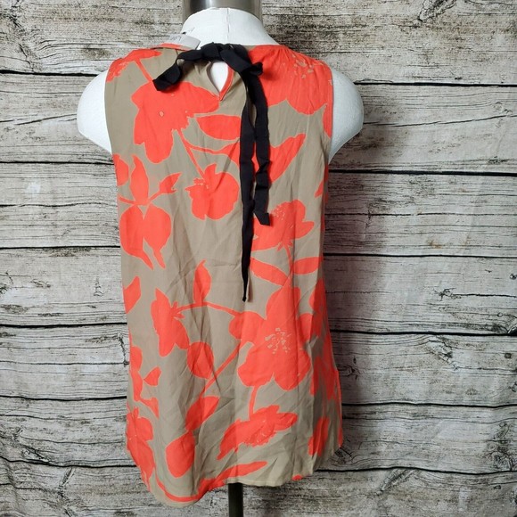 LOFT Tank Top Blouse Top Orange Brown Floral Sleeveless Bow Tie Ruffle Sz MP - Picture 2 of 6
